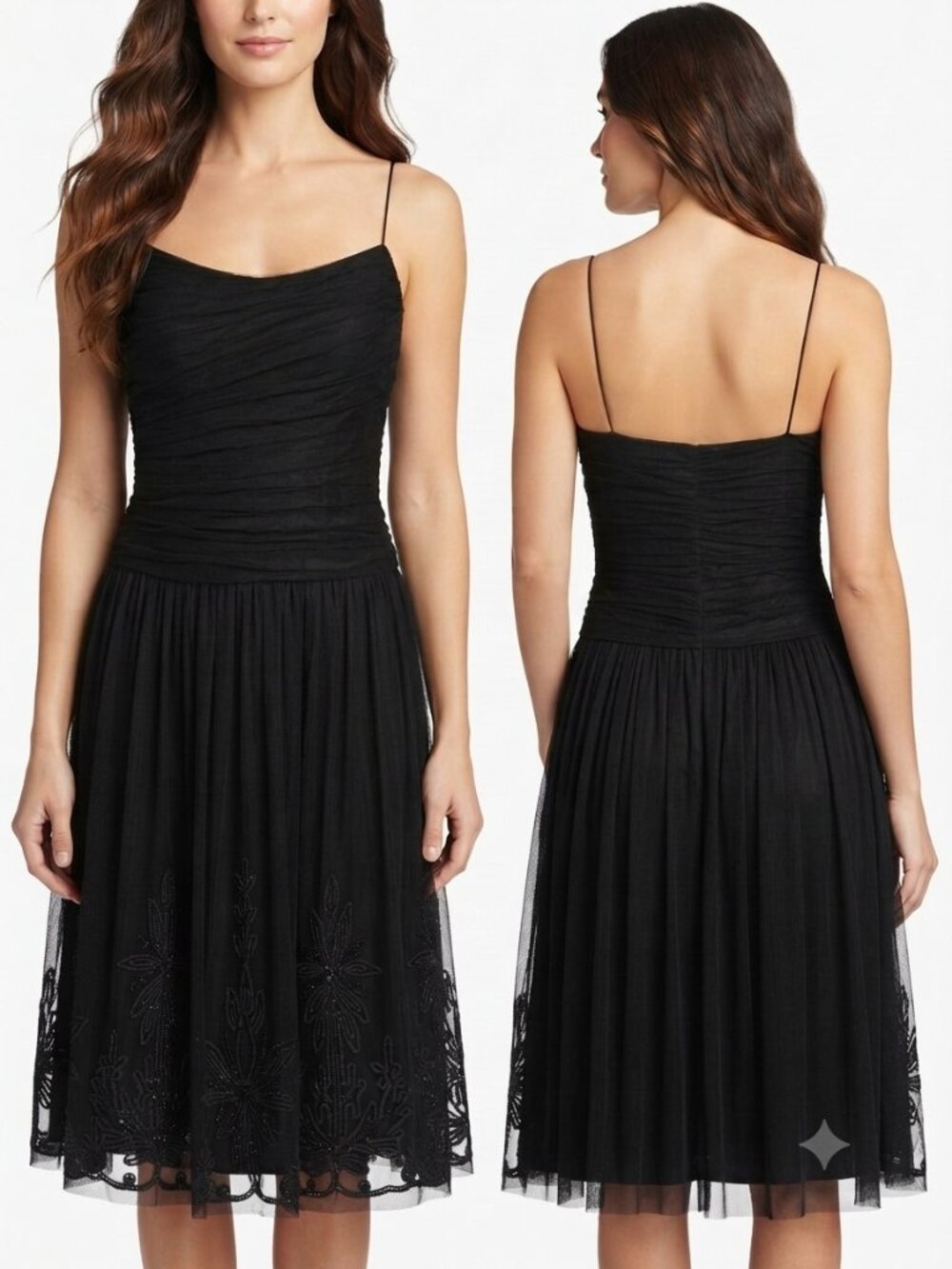 Carmen Marc Valvo Signature Black Mesh Embroidered Midi Dress, Size 12